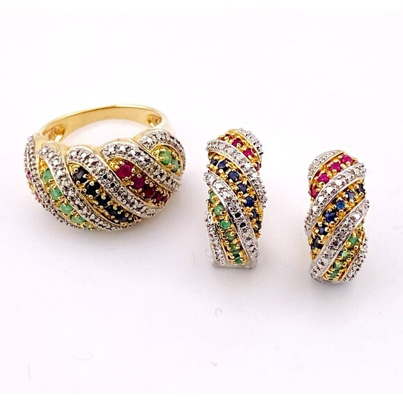 Ross Simmons Gold Over Sterling Set Multi Gem Bombe Ring n Huggie Hoop Earrings - Picture 2 of 15